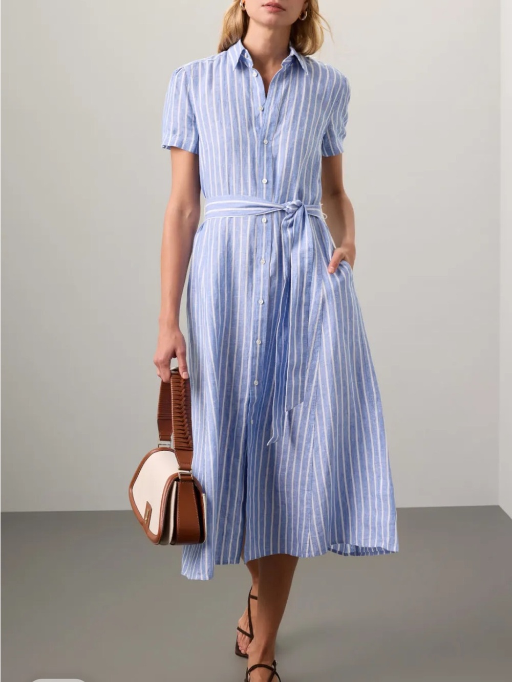 Polo by Ralph Lauren Blue & White Striped Midi Linen Shirt Dress, 10